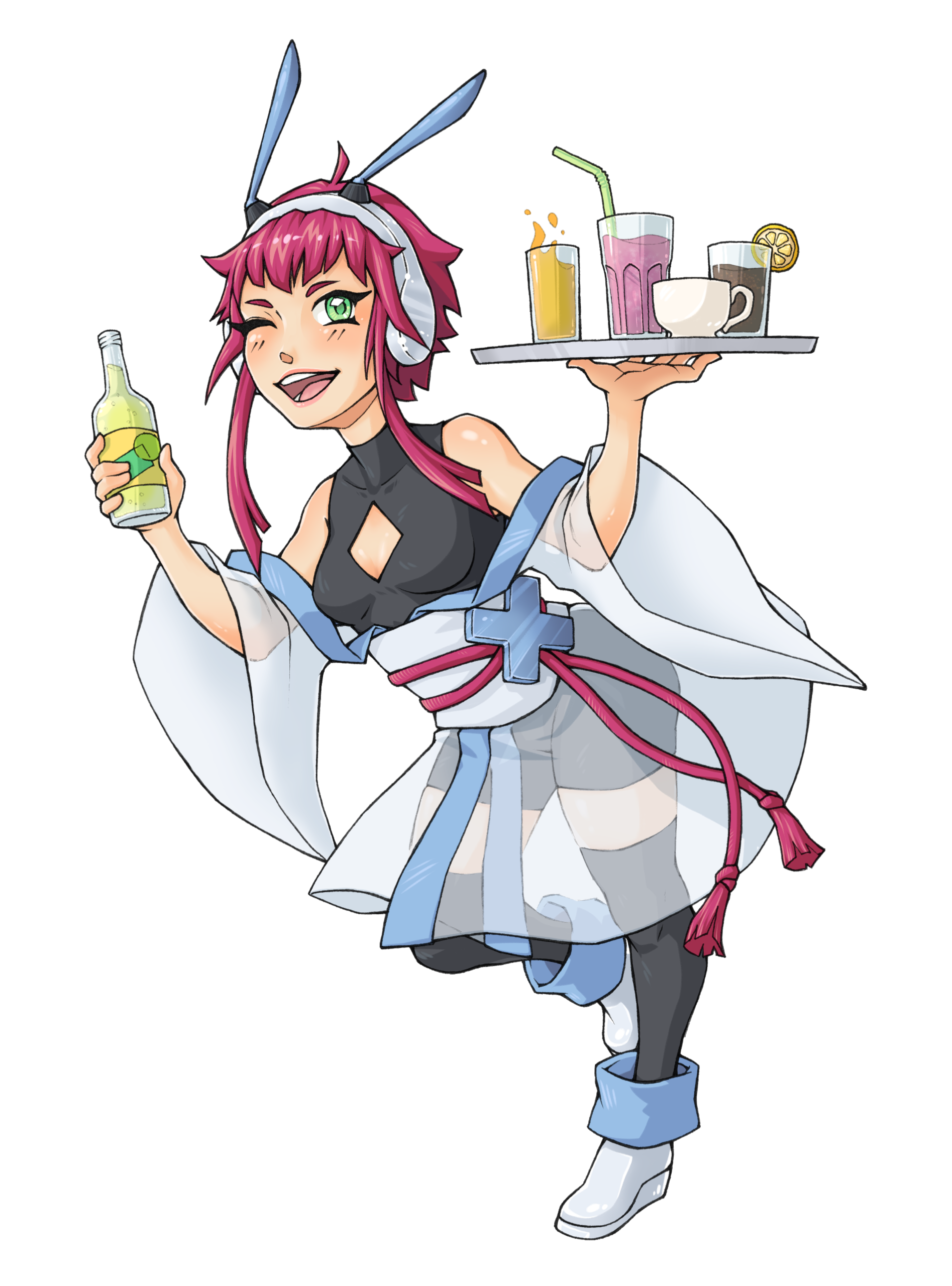 Maskottchen des Animexx-Treffen München - weibliche Figur mit kurzen pinken Haaren in japanisch anmutendem weiß-blauen Outfit im Stil eines Yukata - präsentiert Getränke auf einem Tablet